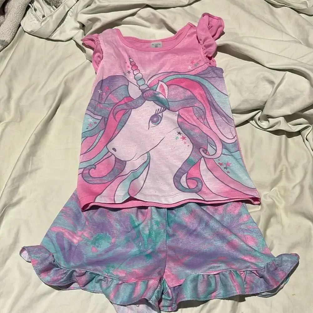 Children place 5/6 unicorn pink purple short sleeve shorts pj’s pajamas guc